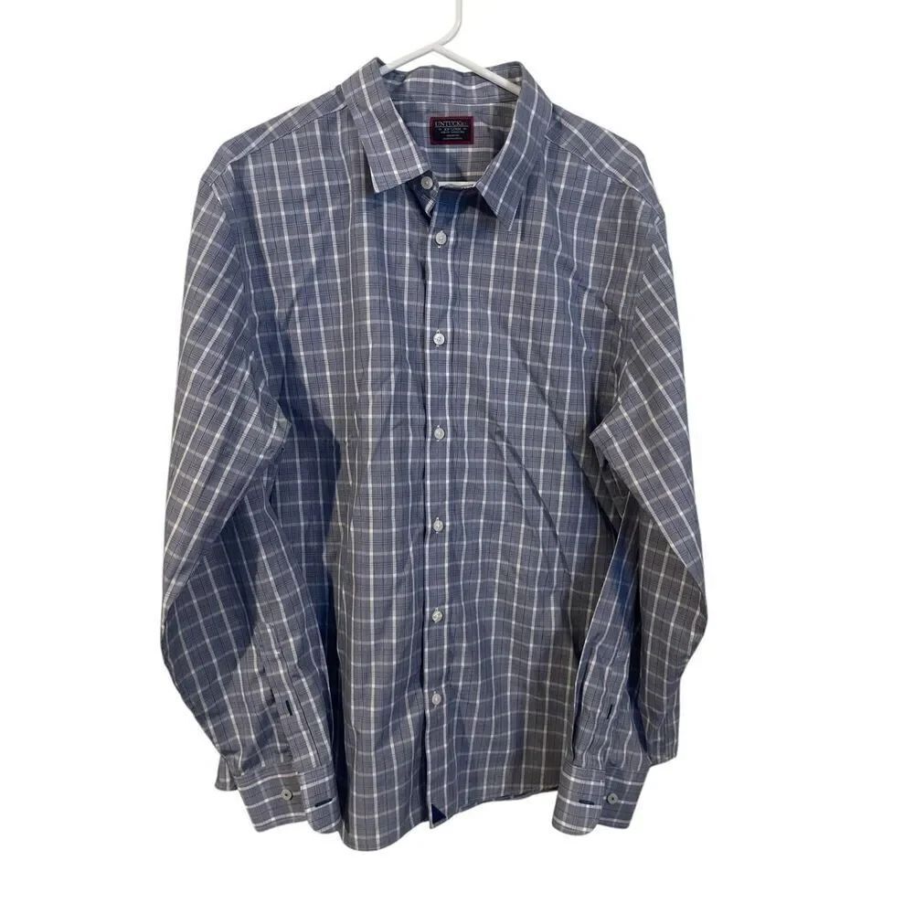 UNTUCKit Men's Blue Plaid Slim Fit Wrinkle Free Cotton Button Up Shirt Size 2XL